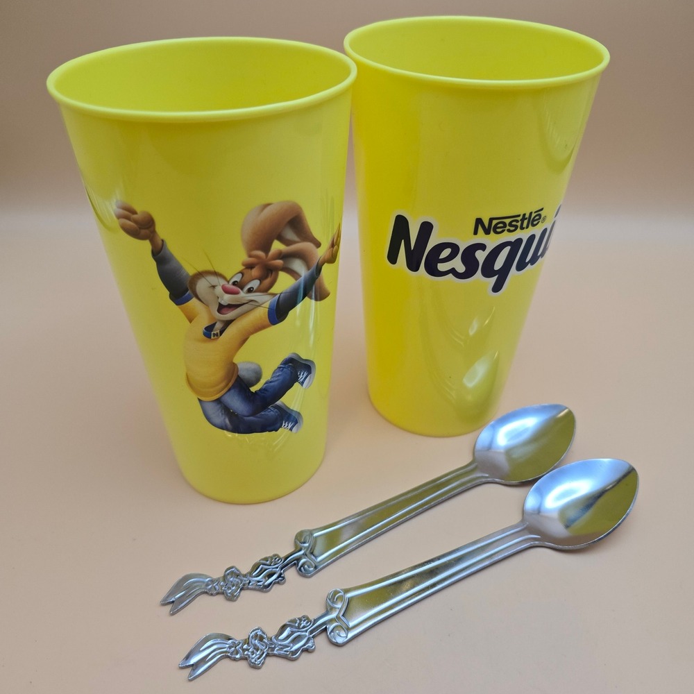 Vintage Nestle Nesquik Yellow Plastic Cups & Bunny Mixing Spoons Set of 2